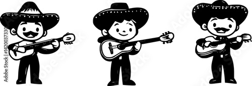 Three mariachi musicians are playing guitars and wearing sombreros in this monochrome illustration
