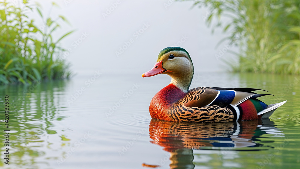 Fototapeta premium Beautiful Baikal Teal Duck Swimming In A Peaceful Pond With Lush Greenery