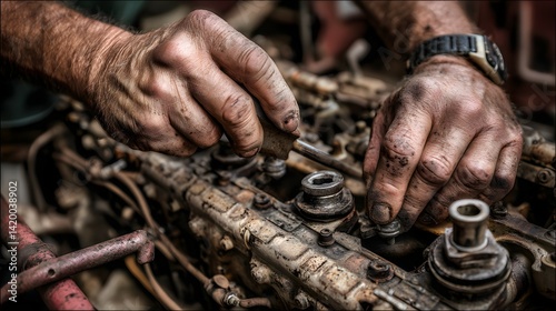 Grimy hands meticulously work on a vintage engine.