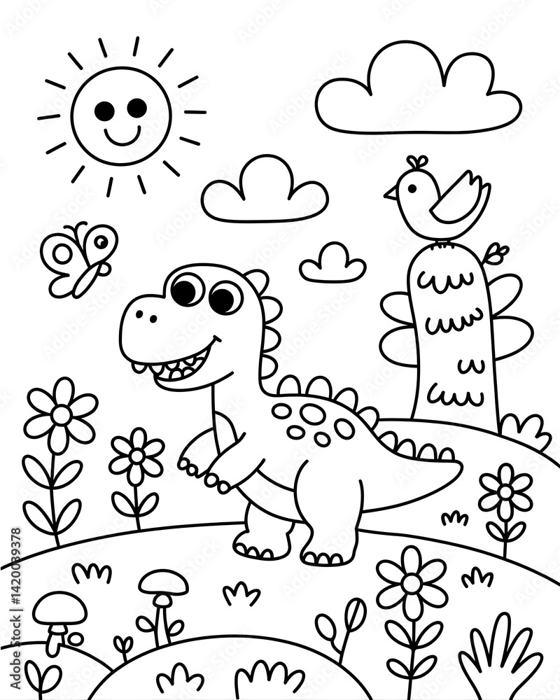 Obraz premium Cute Cartoon Dinosaur Winter Scene with Christmas Trees, Snow Falling, Woolly Hat and Scarf, Wooden Fence in Black and White Line Drawing Style for Kids Coloring Book