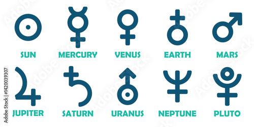 Set of icons astronomical background of solar system planet signs vector blue