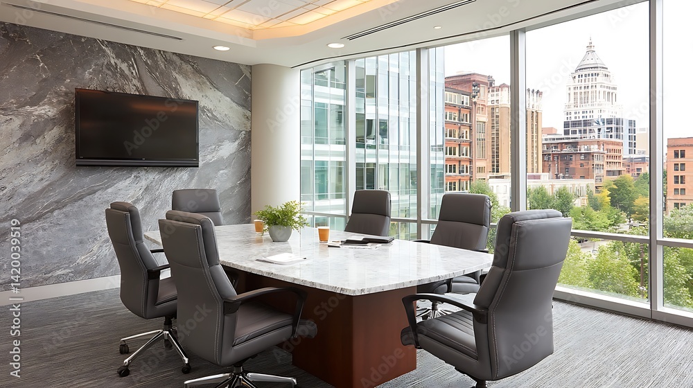 Fototapeta premium Conference Room Business Interior with Marble Table Top and City View from Windows
