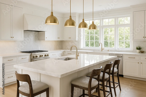 Modern White Kitchen Interior with Marble Island and Gold Fixtures