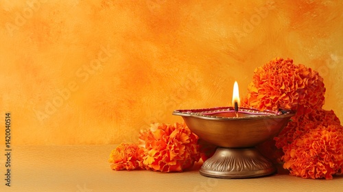 Warm glow of candle with orange flowers on festive orange background radiant and welcoming ambiance