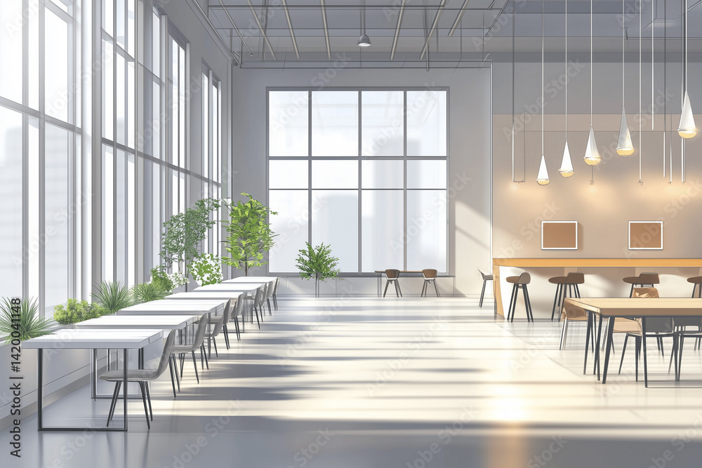 Bright Minimal Office Interior with Large Windows and Natural Light