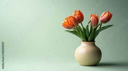 Wallpaper Mural Orange tulips with curved stems in a vintage vase on a pale green background Torontodigital.ca