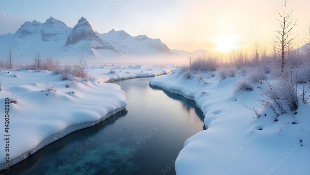 Fototapeta premium Tundra Stream Weaving Through an Icy Landscape