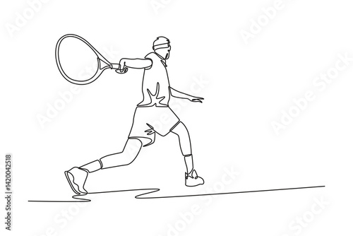 Continuous one line drawing back view of tennis player get ready to receive the ball from opponent. Sportsman playing defense with backhand concept. Single line draw design vector graphic illustration