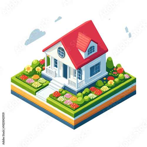 Isometric illustration of a charming house with a colorful garden on a bright background