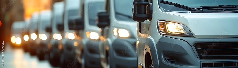 Fleet of Delivery Vehicles: A line of white delivery vehicles is parked in a row, their headlights glowing, symbolizing efficiency, transport, and logistics. Fleet of Delivery Vehicles: A line of white delivery vehicles is parked in a row, their headlights glowing, symbolizing efficiency, transport, and logistics.