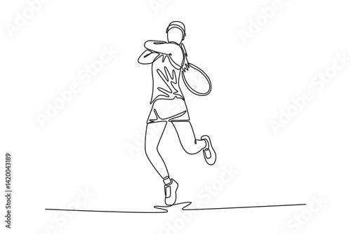 Single continuous line drawing professional woman tennis player hitting the ball with precision and power. She practicing her skills and techniques on court. One line draw design vector illustration