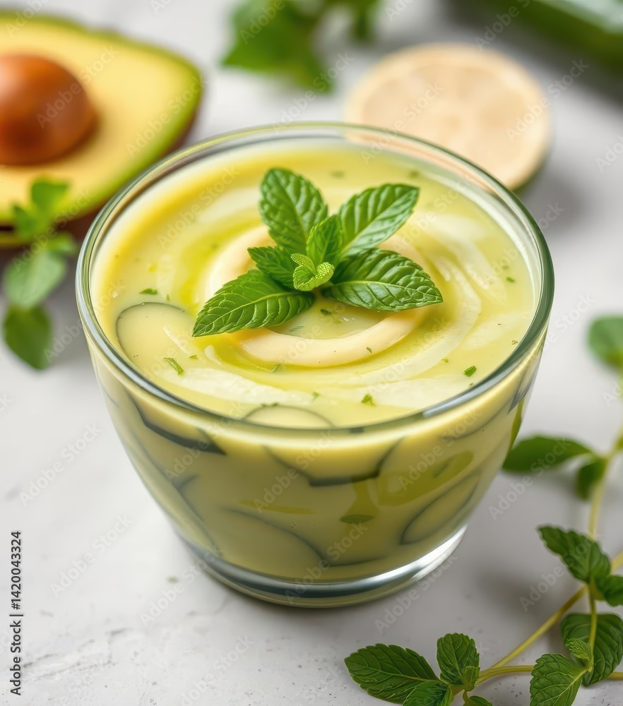 Refreshing chilled cucumber avocado soup garnished with fresh mint, summer soup, vibrant, cuisine Refreshing chilled cucumber avocado soup garnished with fresh mint, summer soup, vibrant, cuisine