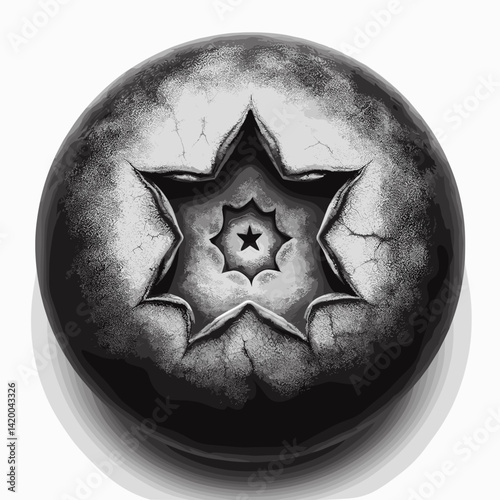 Abstract black and white star-shaped textured sphere illustration on a light background