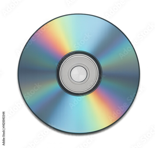 Compact disc on transparent background reflecting rainbow colors