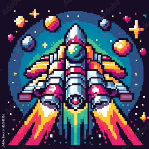 Pixel art spaceship blasting off through a colorful cosmic scene with planets and stars