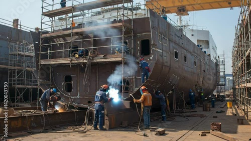 Intense shipbuilding process with skilled welders, fabricating a new vessel with modern technology