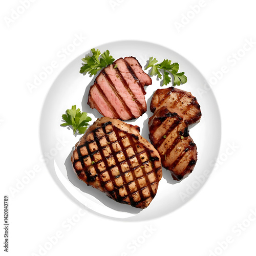 A foods of grilled beef steak with vegetables in plate vector icons isolated on white background