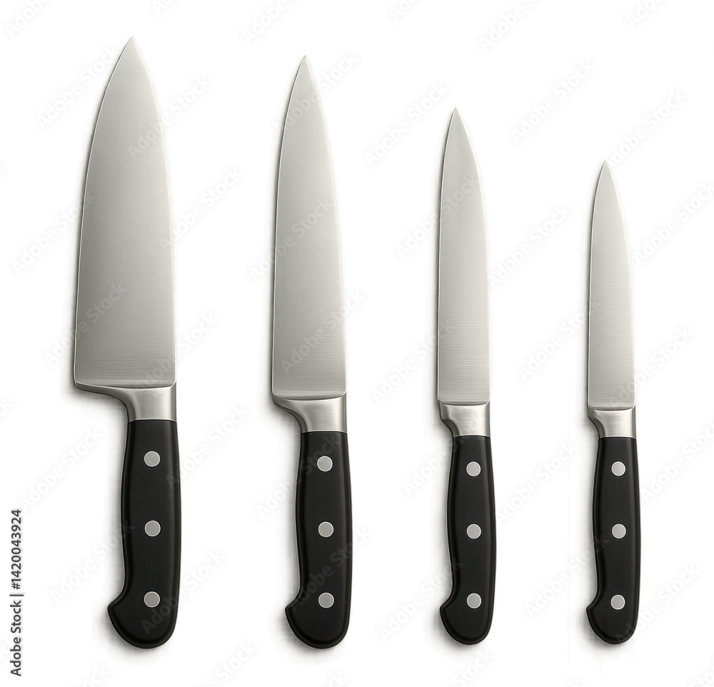 Four Realistic Kitchen Knives with Black Handle on Transparent Background Four Realistic Kitchen Knives with Black Handle on Transparent Background