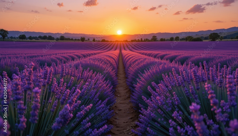 Obraz premium Majestic Lavender Fields at Sunset A Breathtaking Provence Landscape