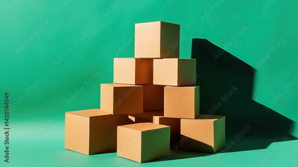 Fototapeta premium Symmetrical stack of kraft boxes on a bright green background with clear lighting