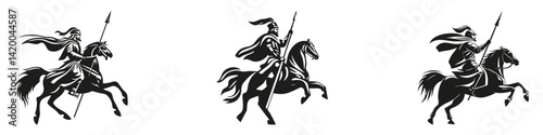 Medieval Knights On Horseback Silhouette Set. Historical Warfare And Chivalry Themes Isolated Vector Illustration Collection