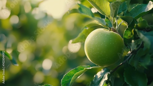 A single green apple hangs from a leafy tree branch