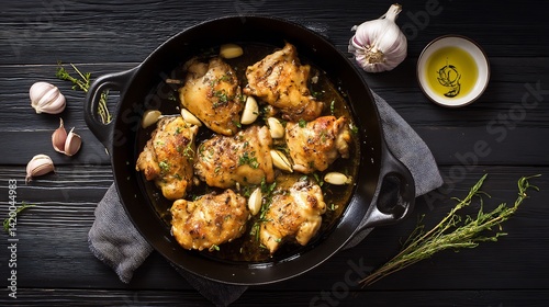 Spanish dinner food pollo al ajillo garlic chicken pieces sauted olive oil and white wine rustic dinner presentation on black wooden background in overhead top down shot