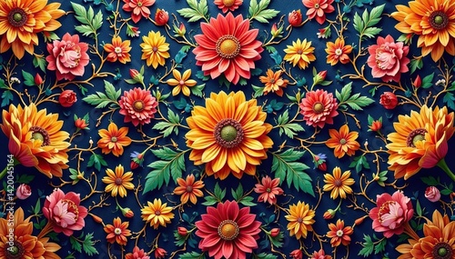 Intricate woven floral tapestry, repeating design, craft, bloom