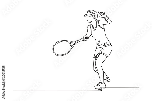 Single one line drawing professional female tennis player hitting the ball with forehand method. Athlete practicing her skills and techniques. Continuous line draw design graphic vector illustration