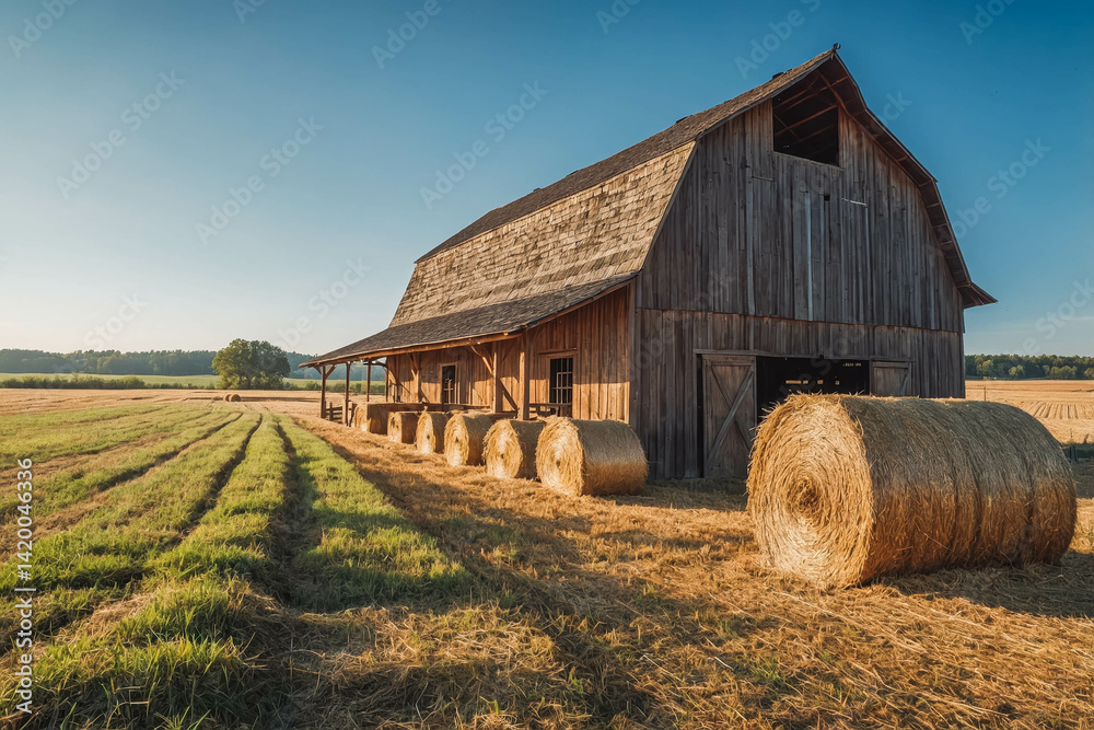 Obraz premium a_rustic_wooden_barn_surrounded_by_hay_bales_1