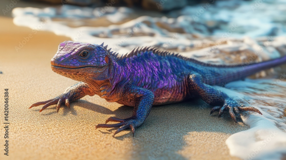 Naklejka premium Iridescent lizard on sandy beach, ocean waves