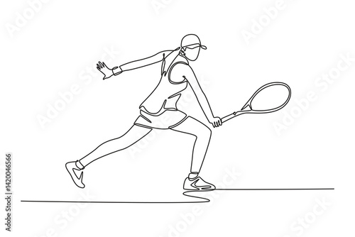 Single continuous line drawing beauty female tennis player get ready to receive the ball from opponent. Athlete playing defense with backhand method. One line draw graphic design vector illustration