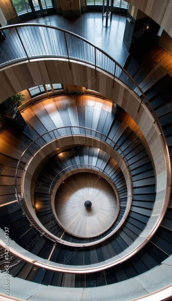 Obraz premium Majestic spiral staircase photographed from a bird's eye angle in a modern atrium, in a dramatic architecture photography style, with deep contrast tones, sharp artificial light, high resolution