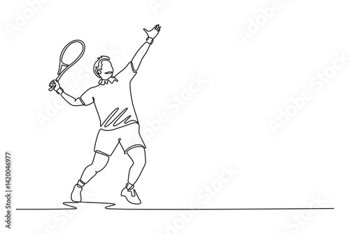 Continuous one line drawing professional tennis player serves tennis ball with precision and power. Sportsman practicing his skills and technique. Single line draw design vector graphic illustration