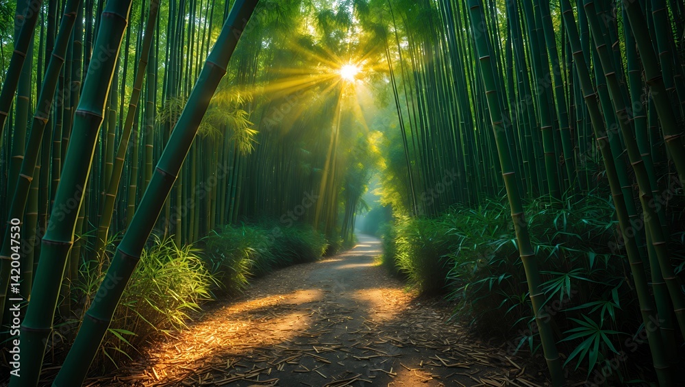 Naklejka premium Walking Path Through Green Bamboo Forest with Golden Sun Rays