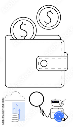 Wallet with coins, data cloud storage, magnifying glass, and AI robot analyzing coins. Ideal for financial technology, savings, investment, blockchain, fintech innovation digital economy flat
