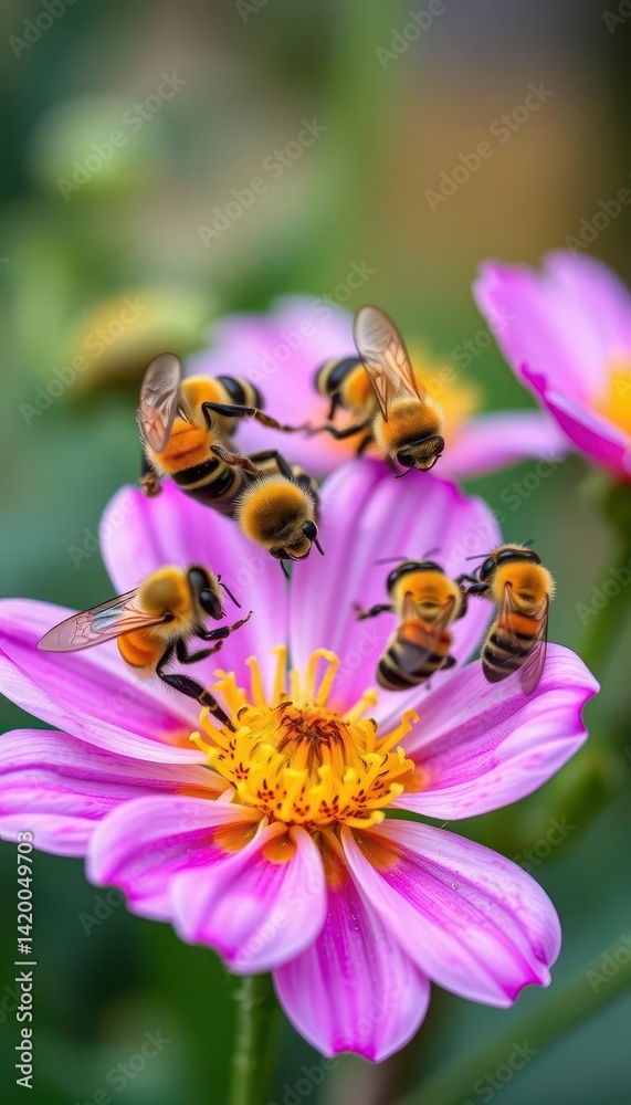 Busy bees actively gathering nectar from vibrant, multi-colored flower, honeybee, colorful Busy bees actively gathering nectar from vibrant, multi-colored flower, honeybee, colorful