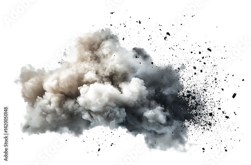 A dramatic cloud of smoke and debris bursting forth, creating an abstract pattern on a white canvas forming a billowing cloud with high detail and depth against a plain on islated transfarent PNG.