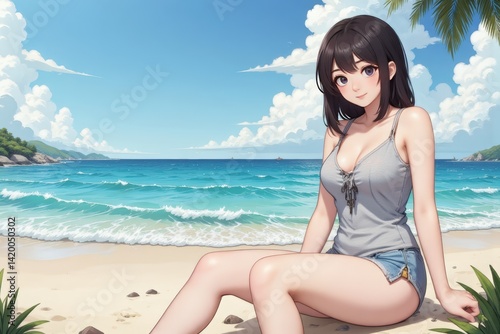Anime girl on tropical beach: Summer vacation, tanned skin, blue ocean, palm trees, relaxing at the seaside, travel photography