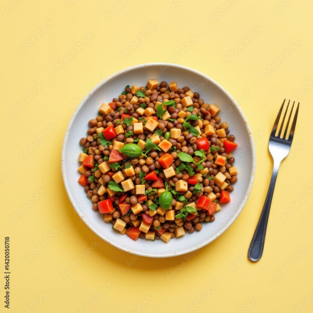 Crisp lentil salad positioned in the center right corner on a pastel yellow background, in a bright food photography style, with natural brilliance, open composition, high resolution Crisp lentil salad positioned in the center right corner on a pastel yellow background, in a bright food photography style, with natural brilliance, open composition, high resolution