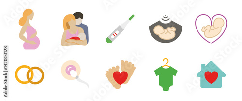 Pregnancy and baby icon. Colorful symbols of parenthood, conception and infant care. Family planning and fertility illustration. Cartoon signs for parenting, maternity services and childcare designs.