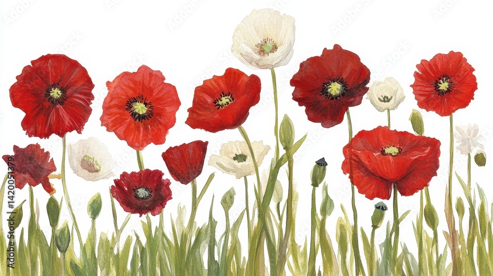 Fototapeta premium Poppy Panorama Watercolor red white flowers amidst buds grassy stems on white