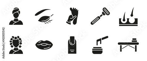 Beauty salon icon. Skincare and wellness black vector illustration with spa treatments, hair styling, waxing and massage glyph symbols. Self-care and cosmetic procedures pictogram for beauty.