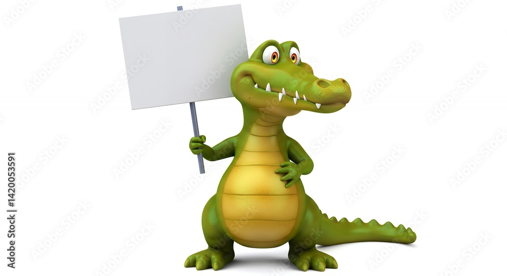 Naklejka premium Cheerful cartoon crocodile holding blank sign ready for your message