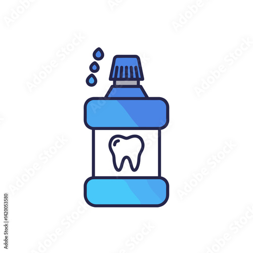 Mouthwash bottle with dental icon and bubbles in blue style  