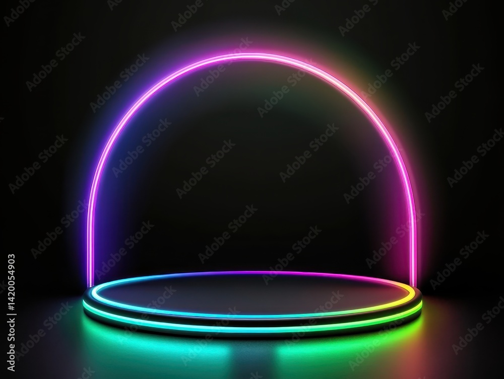 Neon arch backdrop with circular platform Neon arch backdrop with circular platform