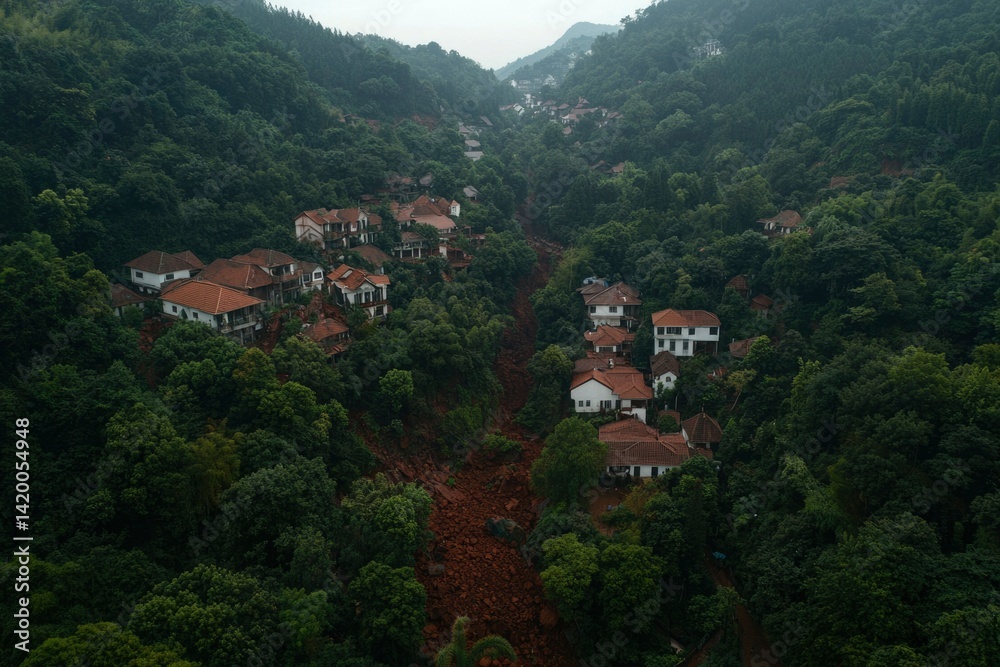 Obraz premium Landslide damage, mountain village
