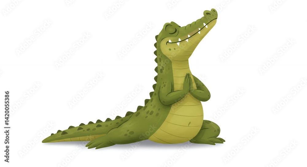 Fototapeta premium Happy cartoon crocodile in yoga pose serene animal illustration