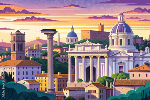 View of Rome sunset time city skyline at Rome Forum, Rome, Italy