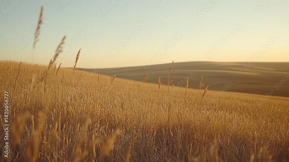 Fototapeta premium A golden field stretches across rolling hills under a calm sky
